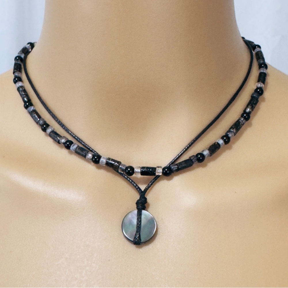Free People Black Double-Strand Beaded Choker Necklace with Corded Pendant   NWT - Picture 2 of 3
